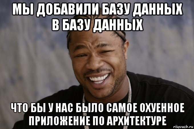 мы добавили базу данных в базу данных что бы у нас было самое охуенное приложение по архитектуре, Мем Xzibit