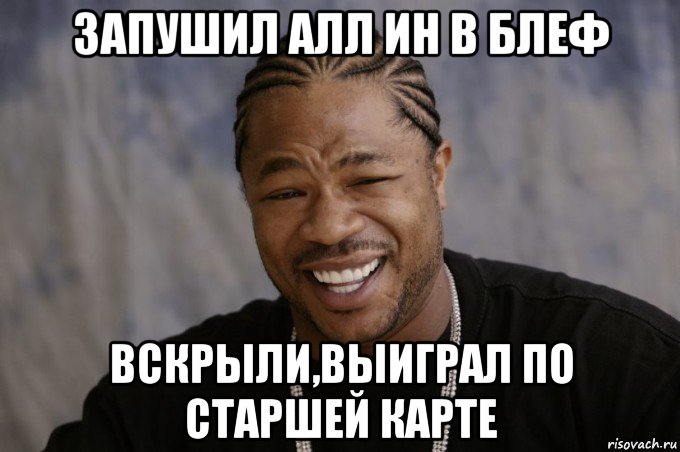 запушил алл ин в блеф вскрыли,выиграл по старшей карте, Мем Xzibit