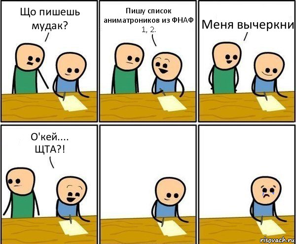 Що пишешь мудак? Пишу список аниматроников из ФНАФ 1, 2. Меня вычеркни О'кей....
ЩТА?!, Комикс Вычеркни меня