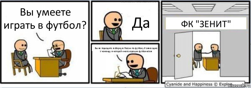 Вы умеете играть в футбол? Да Вы не подходите в сборную России по футболу.Я знаю одно
У команду в которой много хороших футболистов ФК "ЗЕНИТ"