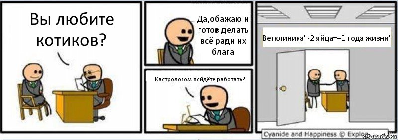 Вы любите котиков? Да,обажаю и готов делать всё ради их блага Кастрологом пойдёте работать? Ветклиника"-2 яйца=+2 года жизни"