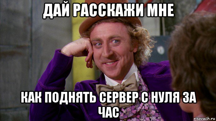 дай расскажи мне как поднять сервер с нуля за час, Мем Ну давай расскажи (Вилли Вонка)