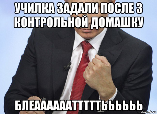 училка задали после 3 контрольной домашку блеаааааатттттьььььь, Мем Путин показывает кулак
