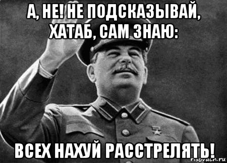 а, не! не подсказывай, хатаб, сам знаю: всех нахуй расстрелять!, Мем сталин расстрелять