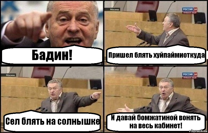 Бадин! Пришел блять хуйпаймиоткуда Сел блять на солнышке И давай бомжатиной вонять на весь кабинет!, Комикс Жириновский