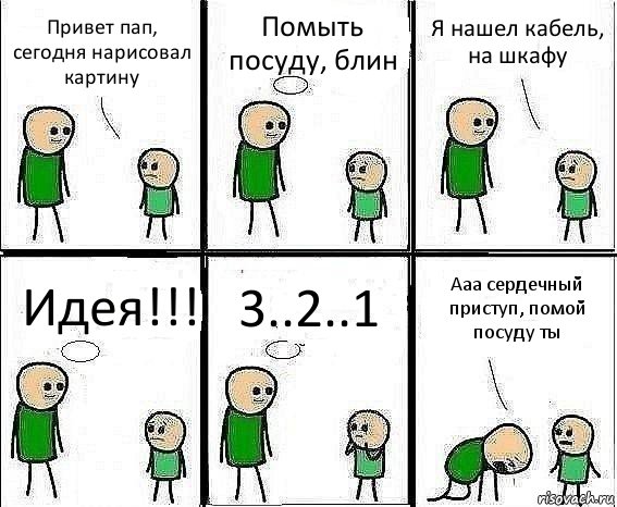 Привет пап, сегодня нарисовал картину Помыть посуду, блин Я нашел кабель, на шкафу Идея!!! 3..2..1 Ааа сердечный приступ, помой посуду ты, Комикс Воспоминания отца