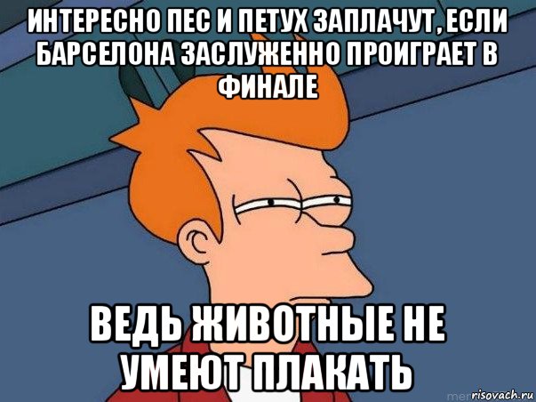 интересно пес и петух заплачут, если барселона заслуженно проиграет в финале ведь животные не умеют плакать, Мем  Фрай (мне кажется или)