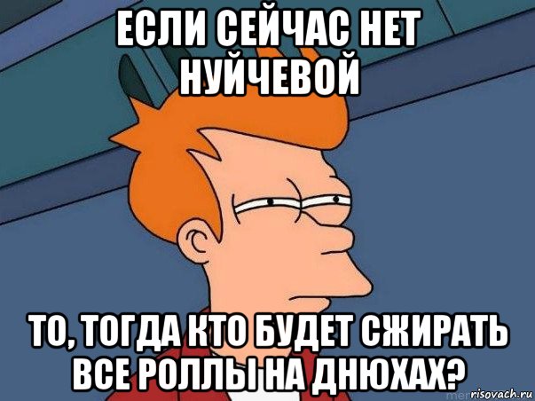 если сейчас нет нуйчевой то, тогда кто будет сжирать все роллы на днюхах?, Мем  Фрай (мне кажется или)