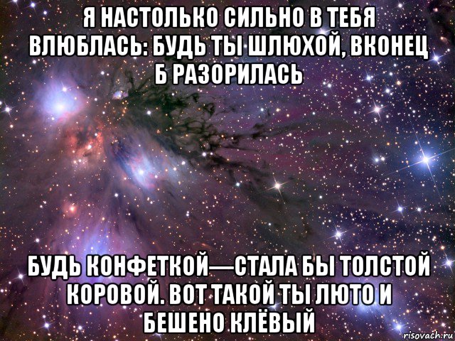 я настолько сильно в тебя влюблась: будь ты шлюхой, вконец б разорилась будь конфеткой—стала бы толстой коровой. вот такой ты люто и бешено клёвый, Мем Космос