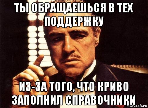 ты обращаешься в тех поддержку из-за того, что криво заполнил справочники, Мем крестный отец