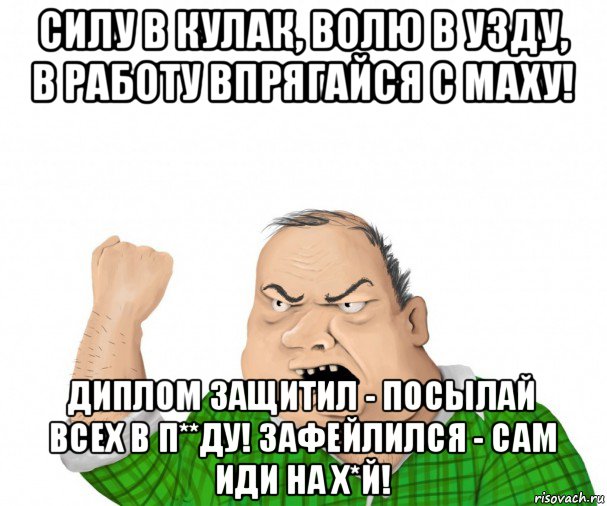 силу в кулак, волю в узду, в работу впрягайся с маху! диплом защитил - посылай всех в п**ду! зафейлился - сам иди на х*й!, Мем мужик