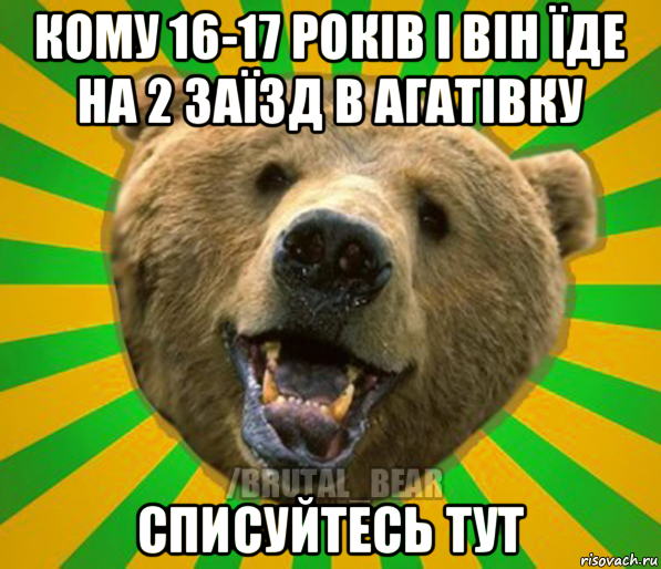 кому 16-17 років і він їде на 2 заїзд в агатівку списуйтесь тут