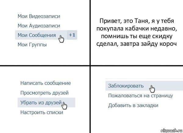 Привет, это Таня, я у тебя покупала кабачки недавно, помнишь ты еще скидку сделал, завтра зайду короч, Комикс  Удалить из друзей