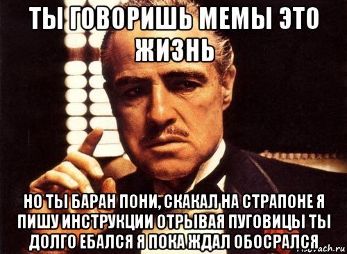 ты говоришь мемы это жизнь но ты баран пони, скакал на страпоне я пишу инструкции отрывая пуговицы ты долго ебался я пока ждал обосрался, Мем крестный отец