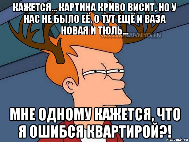 кажется... картина криво висит, но у нас не было её, о тут ещё и ваза новая и тюль... мне одному кажется, что я ошибся квартирой?!, Мем  Подозрительный олень