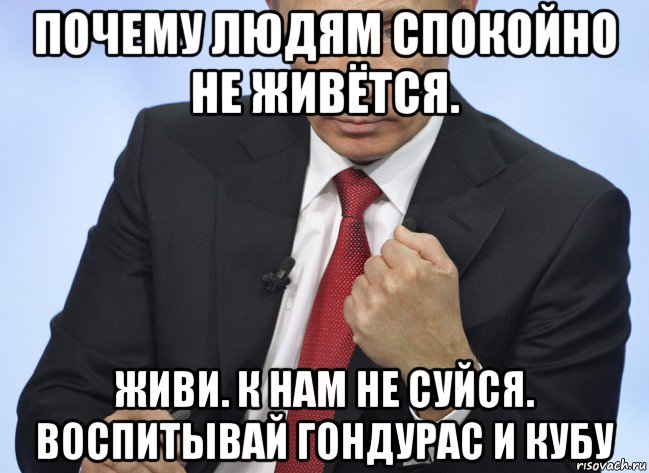 почему людям спокойно не живётся. живи. к нам не суйся. воспитывай гондурас и кубу, Мем Путин показывает кулак