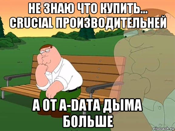 не знаю что купить... crucial производительней а от a-data дыма больше, Мем Задумчивый Гриффин