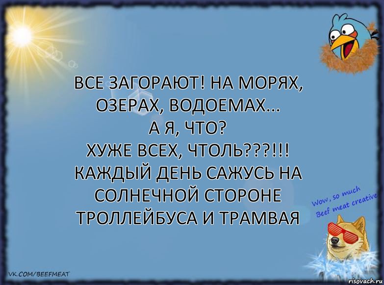 Все загорают! На морях, озерах, водоемах...
А я, что?
Хуже всех, чтоль???!!! Каждый день сажусь на солнечной стороне троллейбуса и трамвая, Комикс ФОН