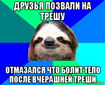 друзья позвали на трешу отмазался что болит тело после вчерашней треши, Мем Ленивец