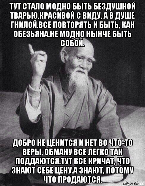 тут стало модно быть бездушной тварью.красивой с виду, а в душе гнилой.все повторять и быть, как обезьяна.не модно нынче быть собой. добро не ценится и нет во что-то веры, обману все легко так поддаются.тут все кричат, что знают себе цену.а знают, потому что продаются., Мем Монах-мудрец (сэнсей)