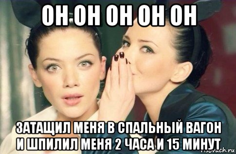 он он он он он затащил меня в спальный вагон и шпилил меня 2 часа и 15 минут, Мем  Он