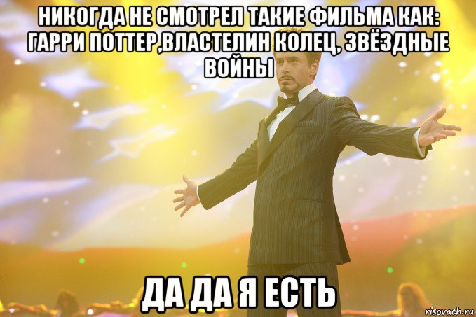 никогда не смотрел такие фильма как: гарри поттер,властелин колец, звёздные войны да да я есть, Мем Тони Старк (Роберт Дауни младший)