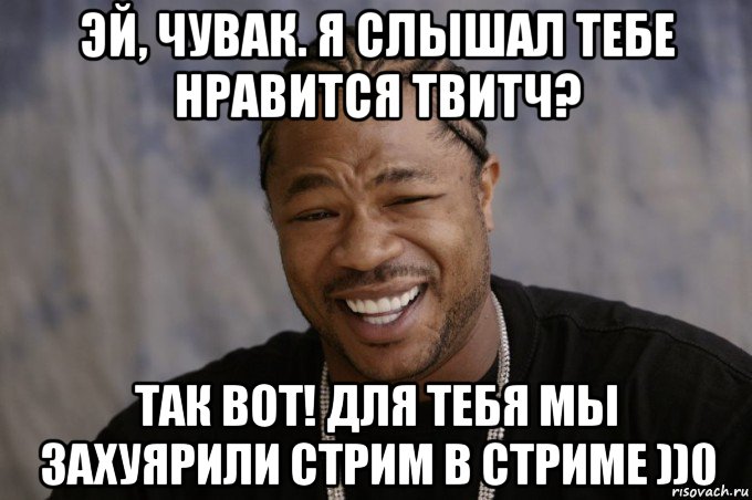 эй, чувак. я слышал тебе нравится твитч? так вот! для тебя мы захуярили стрим в стриме ))0, Мем Xzibit