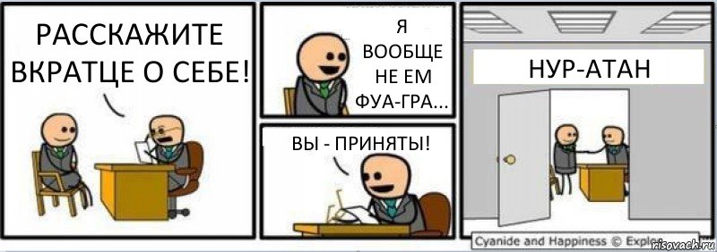 РАССКАЖИТЕ ВКРАТЦЕ О СЕБЕ! Я ВООБЩЕ НЕ ЕМ ФУА-ГРА... ВЫ - ПРИНЯТЫ! НУР-АТАН