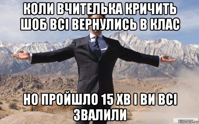 коли вчителька кричить шоб всі вернулись в клас но пройшло 15 хв і ви всі звалили, Мем железный человек