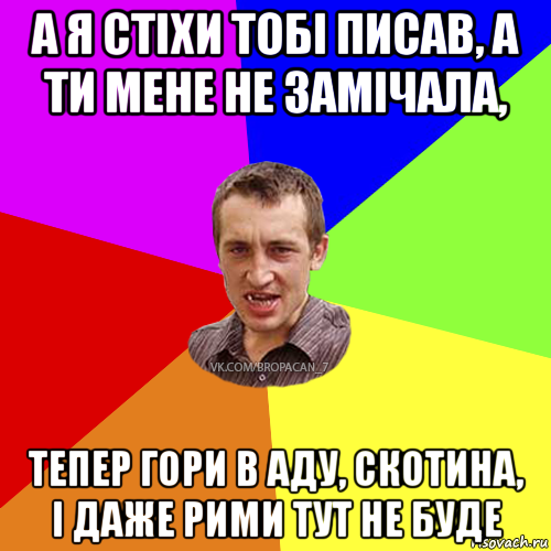 а я стіхи тобі писав, а ти мене не замічала, тепер гори в аду, скотина, і даже рими тут не буде, Мем Чоткий паца 7