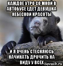 каждое утро со мной в автобусе едет девушка небесной красоты и я очень стесняюсь начинать дрочить на виду у всех, Мем грустный медведь