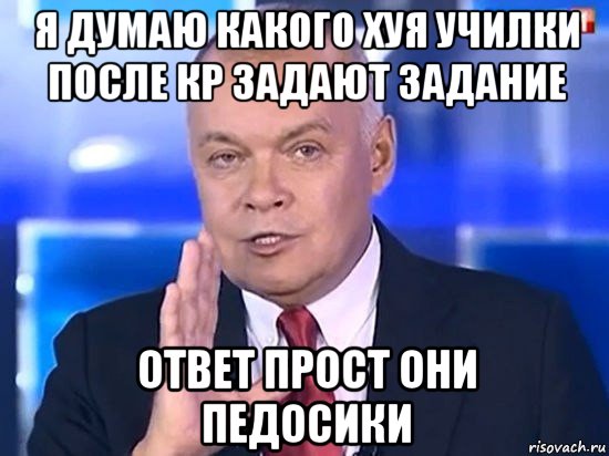 я думаю какого хуя училки после кр задают задание ответ прост они педосики, Мем Киселёв 2014