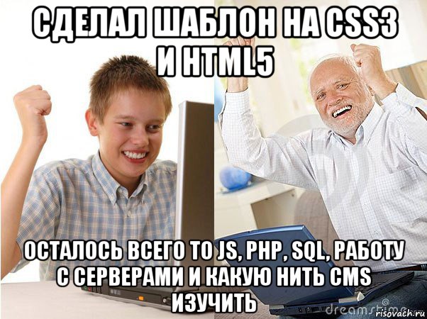 сделал шаблон на css3 и html5 осталось всего то js, php, sql, работу с серверами и какую нить cms изучить, Мем   Когда с дедом