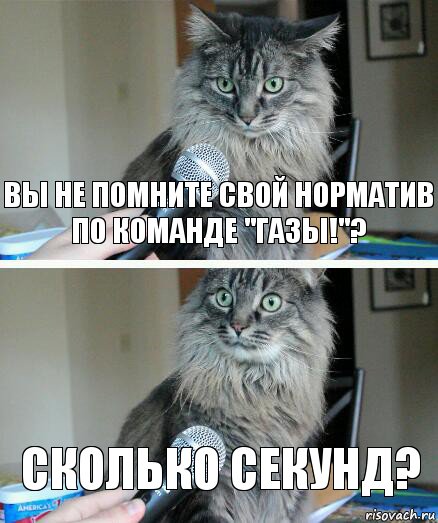 Вы не помните свой норматив по команде "Газы!"? сколько секунд?, Комикс  кот с микрофоном