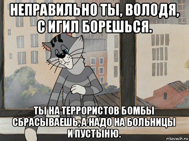 неправильно ты, володя, с игил борешься. ты на террористов бомбы сбрасываешь, а надо на больницы и пустыню.