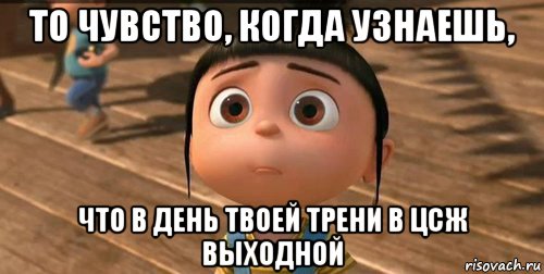 то чувство, когда узнаешь, что в день твоей трени в цсж выходной, Мем    Агнес Грю