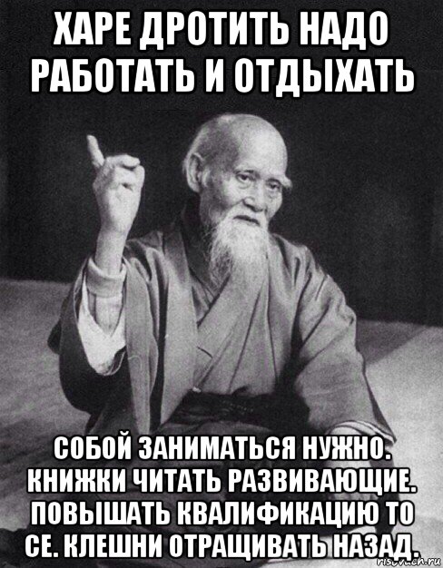 харе дротить надо работать и отдыхать собой заниматься нужно. книжки читать развивающие. повышать квалификацию то се. клешни отращивать назад., Мем Монах-мудрец (сэнсей)