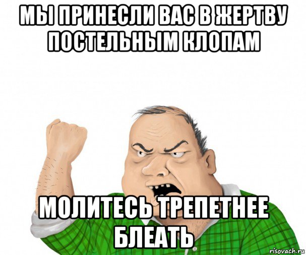 мы принесли вас в жертву постельным клопам молитесь трепетнее блеать, Мем мужик