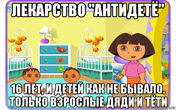 лекарство "антидетё" 16 лет, и детей как не бывало. только взрослые дяди и тёти