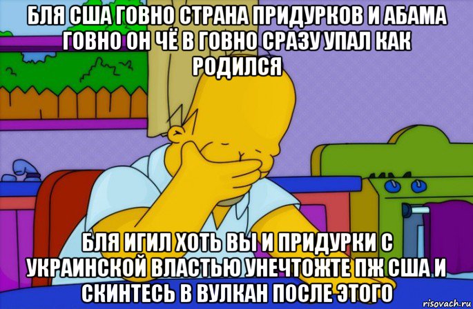 бля сша говно страна придурков и абама говно он чё в говно сразу упал как родился бля игил хоть вы и придурки с украинской властью унечтожте пж сша и скинтесь в вулкан после этого, Мем Homer simpson facepalm