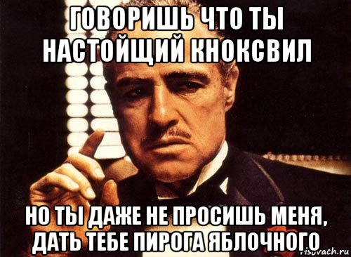 говоришь что ты настойщий кноксвил но ты даже не просишь меня, дать тебе пирога яблочного, Мем крестный отец