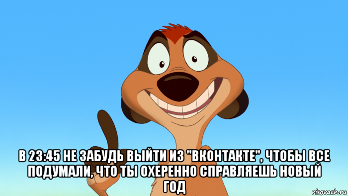  в 23:45 не забудь выйти из "вконтакте", чтобы все подумали, что ты охеренно справляешь новый год, Мем Тимон советует