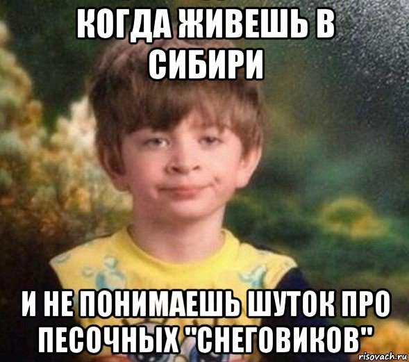 когда живешь в сибири и не понимаешь шуток про песочных "снеговиков", Мем Недовольный пацан