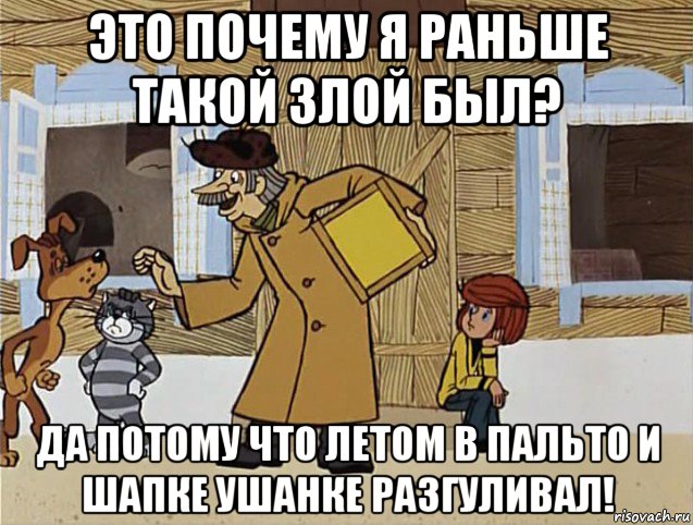 это почему я раньше такой злой был? да потому что летом в пальто и шапке ушанке разгуливал!, Мем Печкин из Простоквашино