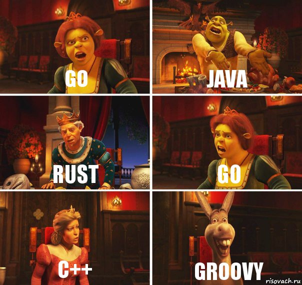 GO JAVA RUST GO C++ GROOVY, Комикс  Шрек Фиона Гарольд Осел