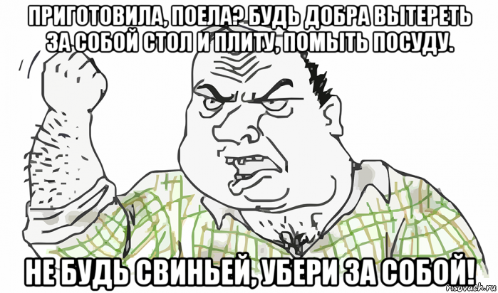 приготовила, поела? будь добра вытереть за собой стол и плиту, помыть посуду. не будь свиньей, убери за собой!, Мем Будь мужиком