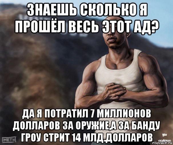 знаешь сколько я прошёл весь этот ад? да я потратил 7 миллионов долларов за оружие,а за банду гроу стрит 14 млд.долларов, Мем  CJ из гта сан андреас