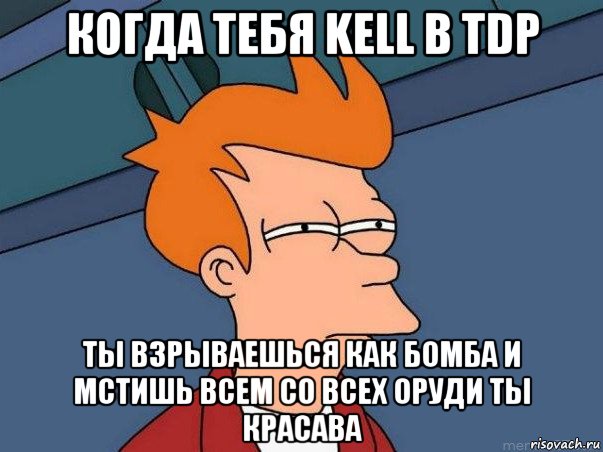 когда тебя kell в tdp ты взрываешься как бомба и мстишь всем со всех оруди ты красава, Мем  Фрай (мне кажется или)