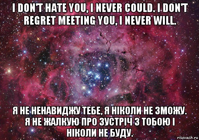 i don't hate you, i never could. i don't regret meeting you, i never will. я не ненавиджу тебе, я ніколи не зможу. я не жалкую про зустріч з тобою і ніколи не буду., Мем Ты просто космос