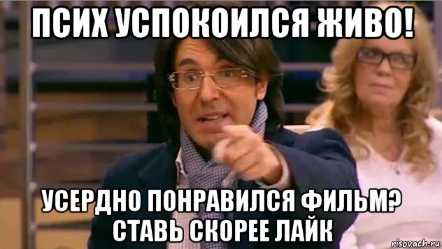 псих успокоился живо! усердно понравился фильм? ставь скорее лайк, Мем Андрей Малахов